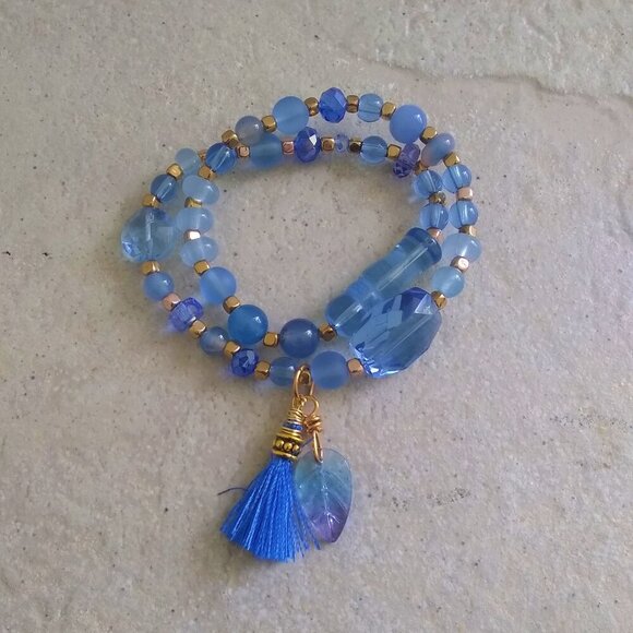 Blue & Gold Wrap Bracelet ~ 6.5" Wrist ~ Chic Boho BeachycSummer Vacay Jewelry - Picture 1 of 9